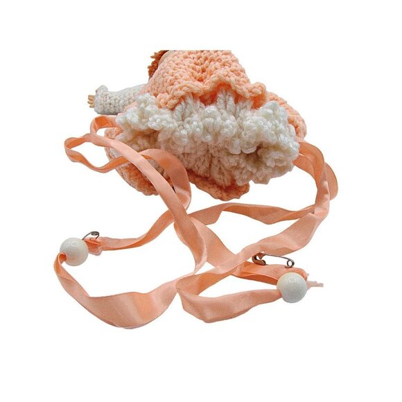 Vintage 1960s Red Hair Peach Dress Bottom Closes Hand Crocheted Bed Pillow Doll - Picture 11 of 12